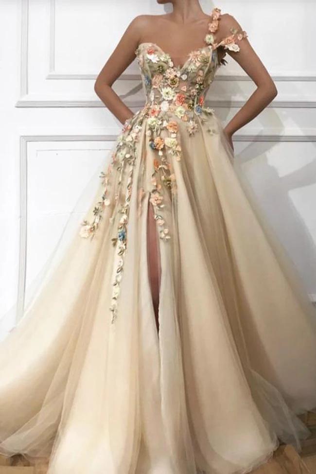 A Line One Shoulder V Neck 3D Flowers Prom Dress, Tulle Evening Dress