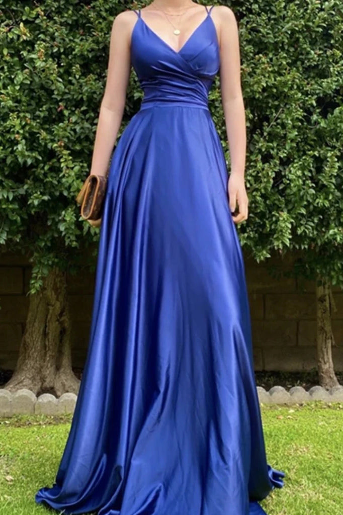 Royal Blue V Neck Satin Long Prom Dress A Line Lace Up Evening Dress Promdressmeuk 3969