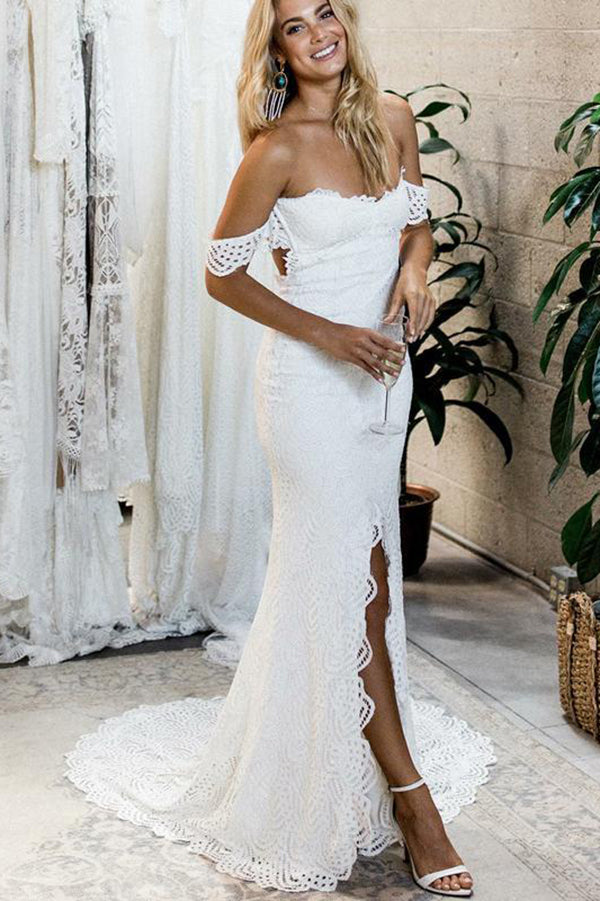 Off the Shoulder White Sweetheart Lace Sexy Mermaid Open Back Beach ...