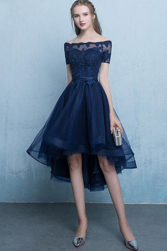 Short Prom Dresses uk,Dark Blue Lace Tulle High Low Round Neck A-Line ...