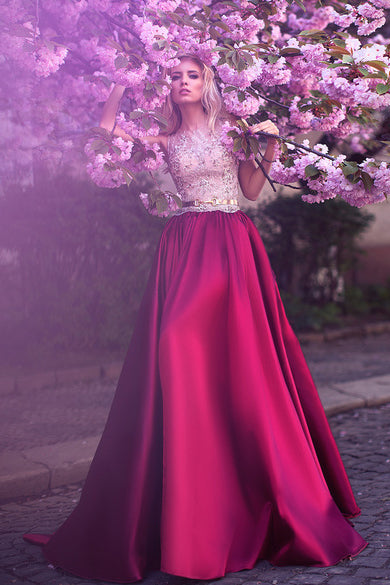 Prom Dresses uk,Romantic A-Line Jewel Rose Red Satin Round Neck Lace ...