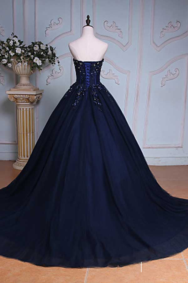 Ball Gown Navy Blue Beads Ruffles Tulle Prom Dresses uk with Lace up ...
