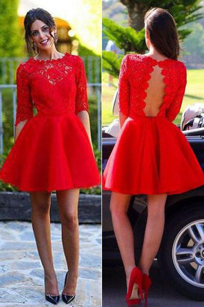 Red Homecoming Dress,Sexy Long sleeve Backless Lace homecoming dress ...