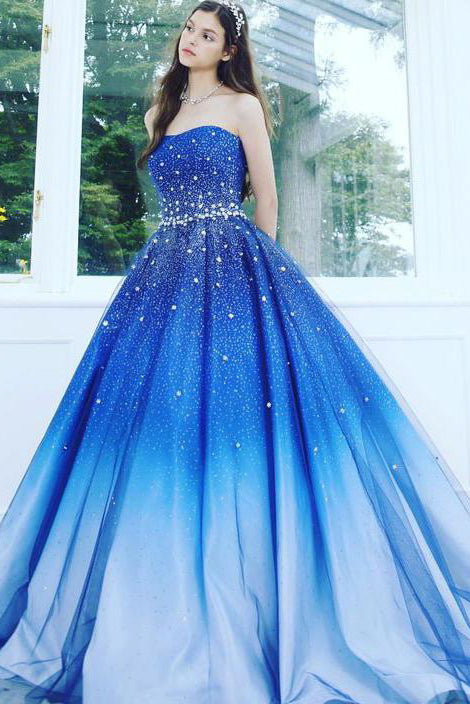 A Line Blue Strapless Sweetheart Ombre Sweep Train Ball Gown Beads ...