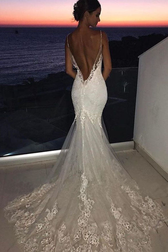 Sexy Mermaid Spaghetti Straps Wedding Dresses Lace Appliques Wedding Gowns With Tulle On Sale 8661