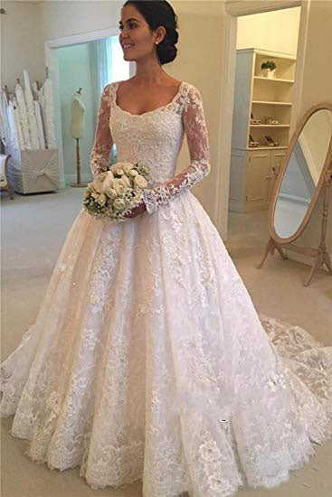 A Line Lace Applique Long Sleeve Sweetheart Covered Button Wedding