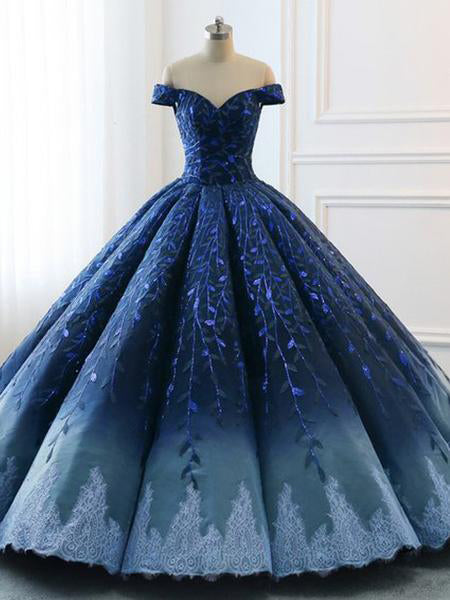 Ball Gown Navy Blue Lace Applique Ombre Off the Shoulder Princess Prom ...