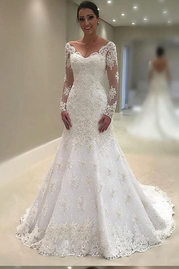 Elegant Lace V Neck Neckline Mermaid Long Sleeve Wedding Dresses With Appliques Uk Pw69 On Sale 