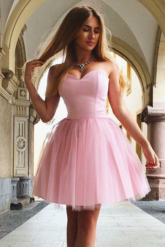 Cute A Line Sweetheart Strapless Tulle Pink Short Prom Dresses,Homecoming Dresses uk on sale 