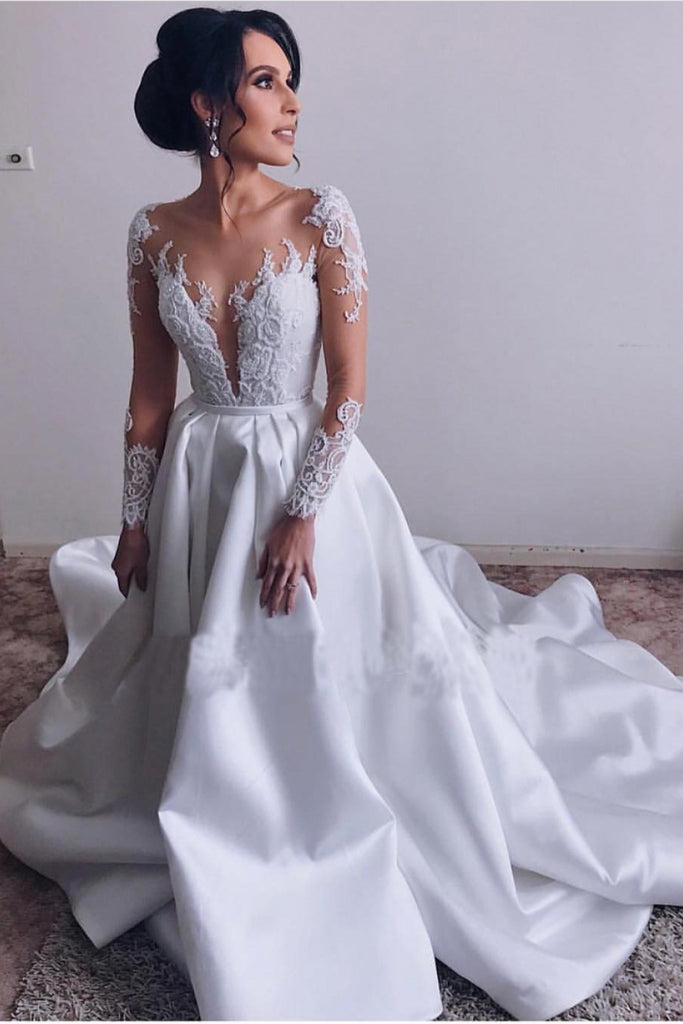 A Lin Ivory Long Sleeve Satin Lace Sweep Train Wedding Dresses, Long ...