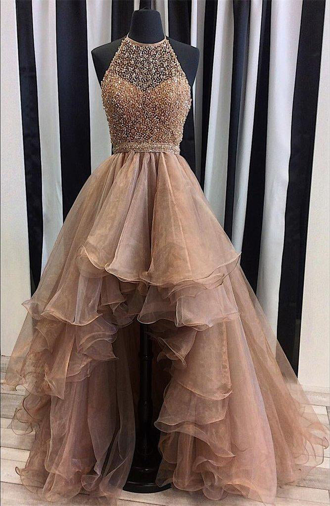 Halter Top Illusion Rhinestone Beads HiLow Tulle Long Prom Dresses uk