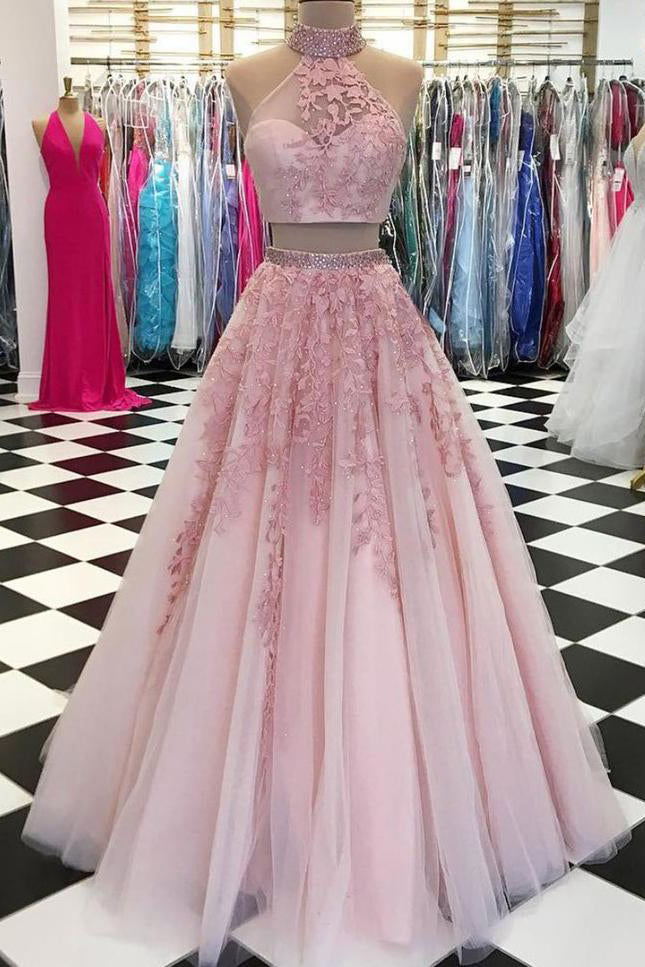 Elegant A Line Two Piece Dusty Rose Beaded Tulle High Neck Lace Long Prom Dresses Uk On Sale 4295