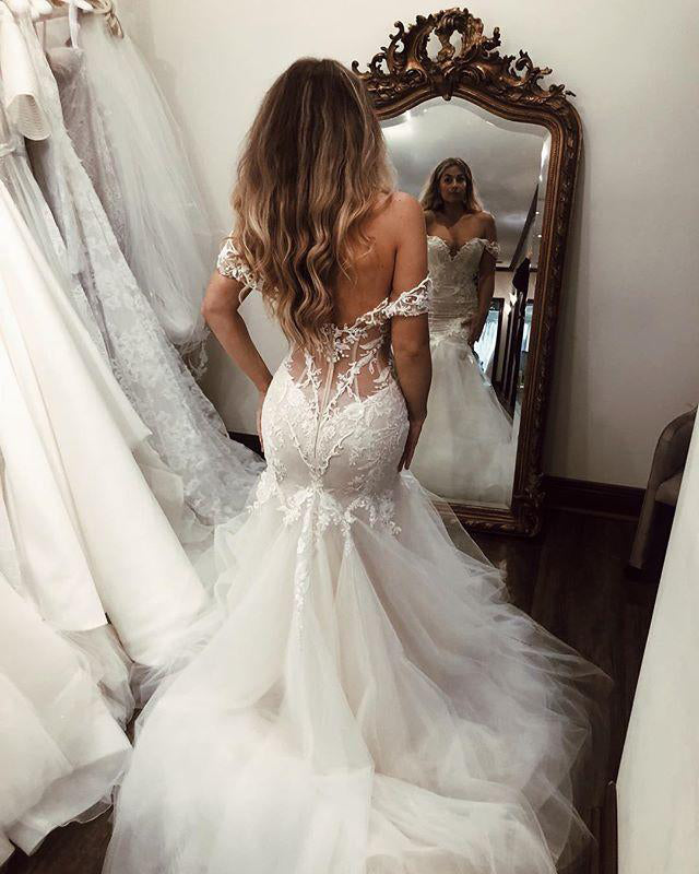 Off The Shoulder Mermaid Tulle Wedding Dresses Lace Appliques Bridal Gown Uk On Sale Promdress 