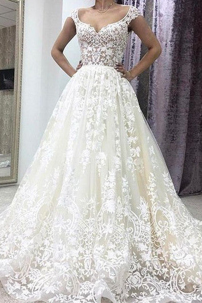 A-Line Deep V-neck Court Train Sleeveless Ivory Lace Wedding Dress ...