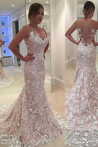 Mermaid Sleeveless Lace Sweetheart Strapless Court Train Wedding Dress Promdressmeuk 