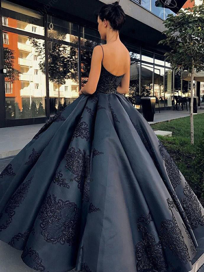 2019 Ball Gown Spaghetti Straps Navy Blue Vintage Cheap Long Prom