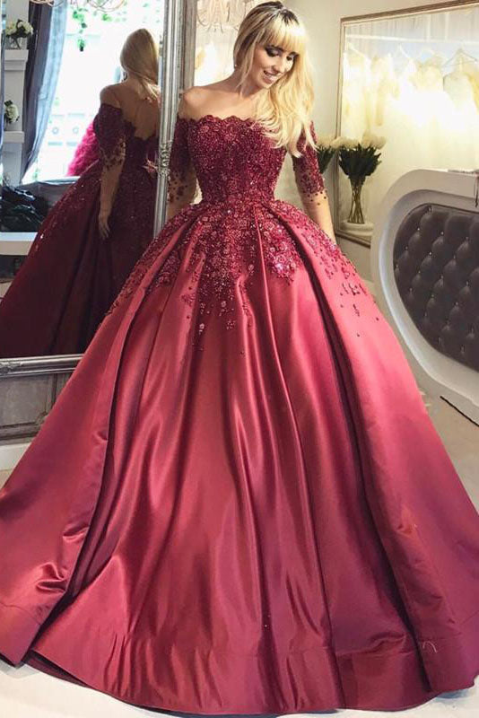 Prom Dresses  2022 Dark  Red  Lace  Long Sleeve Off  the 