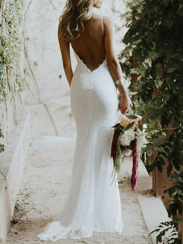 Backless Mermaid Spaghetti Straps Lace Backless Beach Wedding Dresses Promdressmeuk 0293