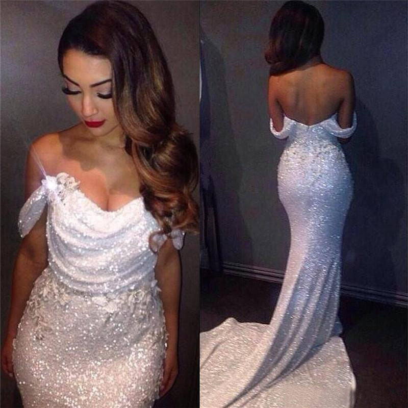 White Prom Dress Mermaid Off The Shoulder Long Ivory Sequins Evening ...