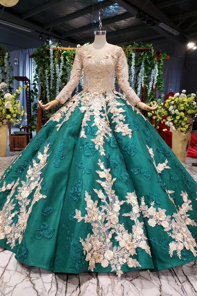 Ball Gown Long Sleeve Beads Prom Dresses, Appliques Quinceanera Dress ...