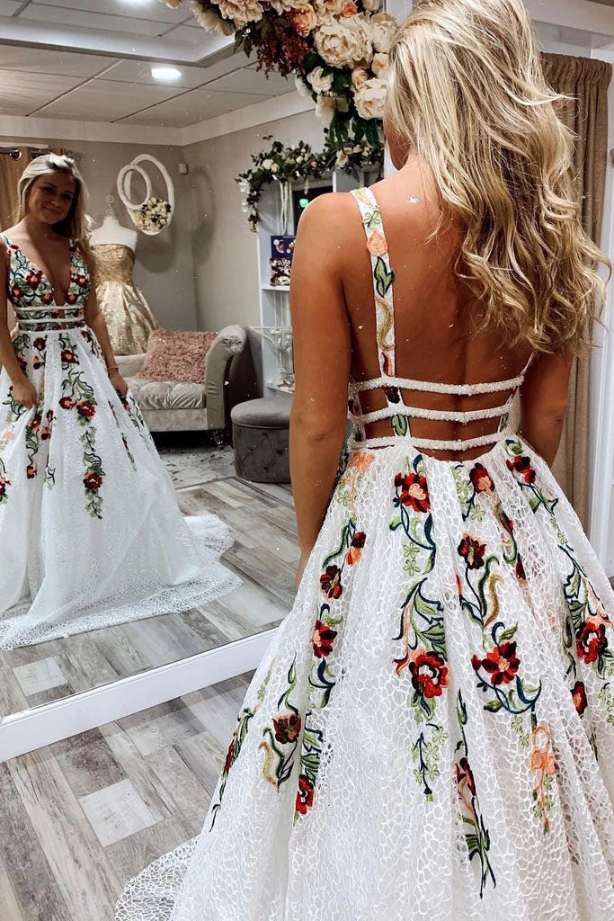 Fashion A Line Deep V Neck Backless Ivory Lace Prom Dress With Appliques On Sale Promdressmeuk 6556