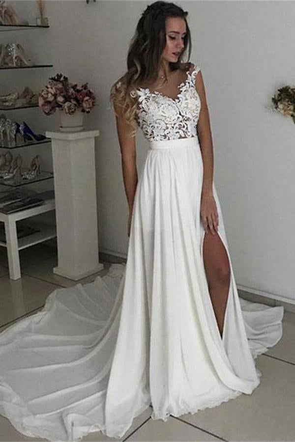 Formal Long Ivory Lace Chiffon Side Slit Cap Sleeve Cheap Beach Wedding