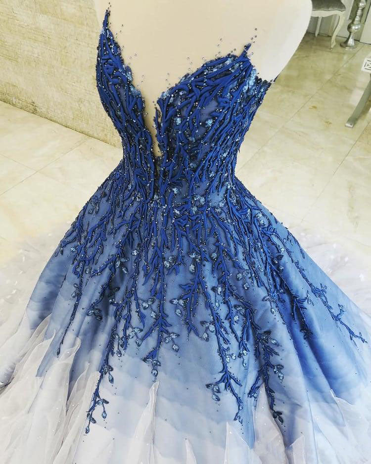 Ombre Ball Gown Royal Blue Appliques V Neck Prom Quinceanera Dresses