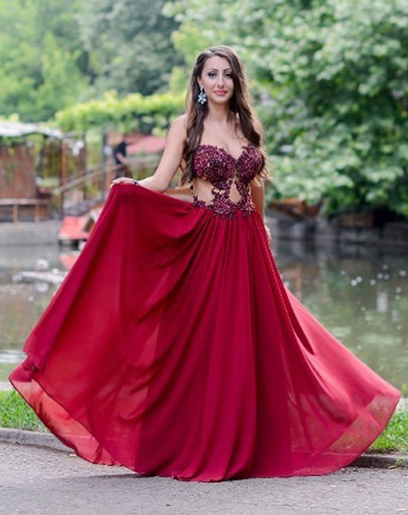 Sweetheart Applique Beads Strapless Red A-Line Chiffon Prom Dresses uk ...