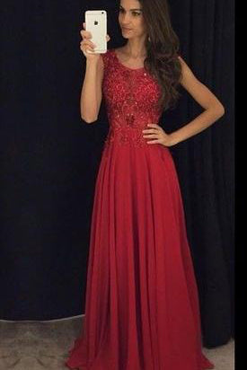 A Line Red Appliques Chiffon Long Beads Floor Length Prom Dresses