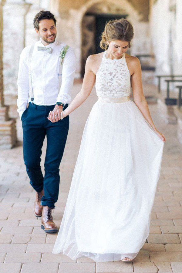 simple wedding dress with lace top