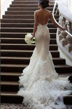 Backless Wedding Dresses White Lace Mermaid Spaghetti Straps Long ...