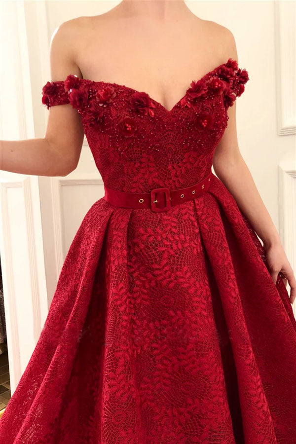 Charming Red Lace Off the Shoulder V Neck Handmade Flowers Prom Dress ...