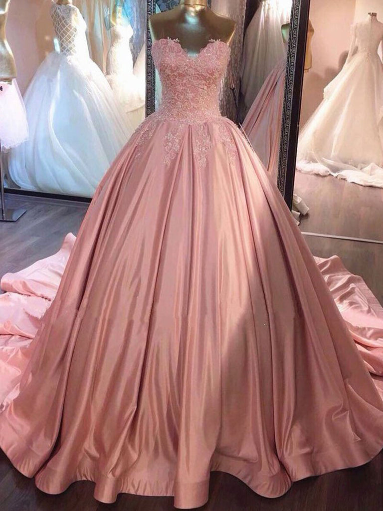 Ball Gown Pink Strapless Appliques Sweetheart Satin Evening Dresses Uk Promdressmeuk 4190