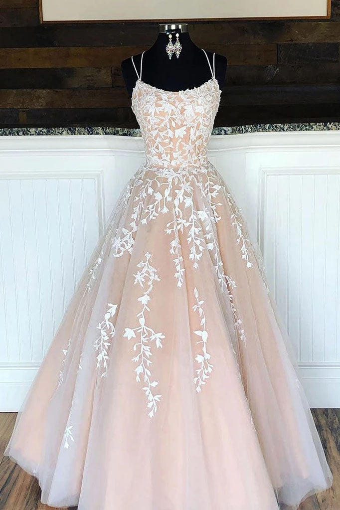 Princess Spaghetti Straps A Line Appliques Lace Up Pink Prom Dresses