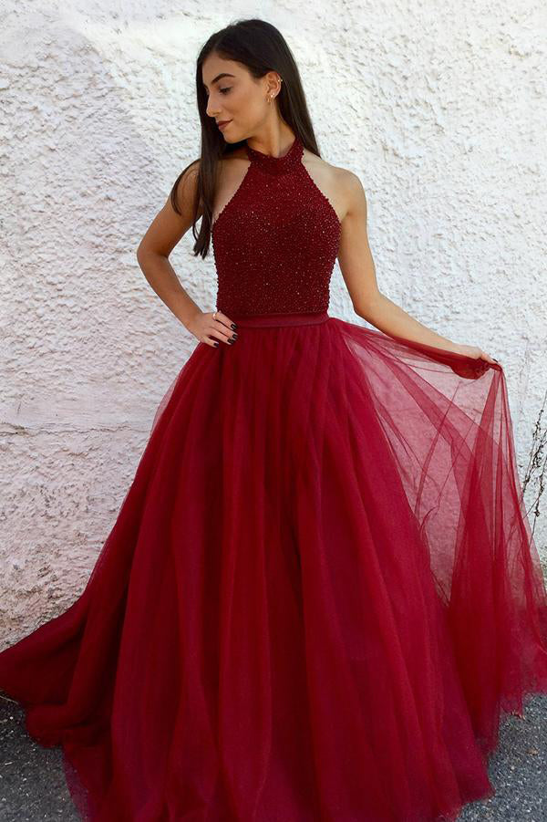 A Line Halter Tulle Burgundy Beads Sleeveless Long Party Dresses,Prom ...