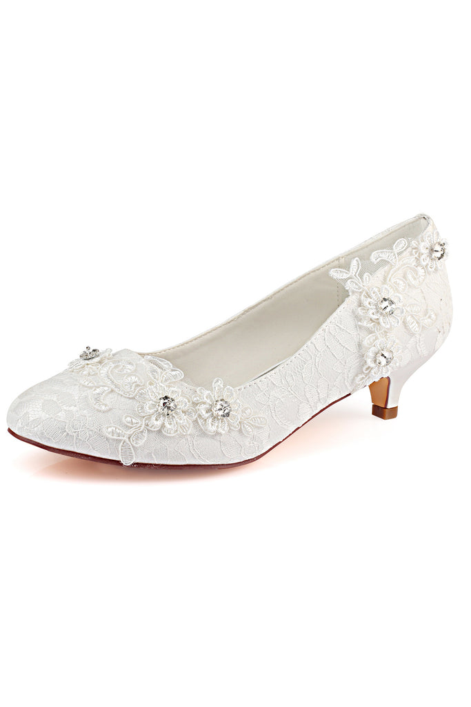 Lace White Lower Heel Evening Shoes 