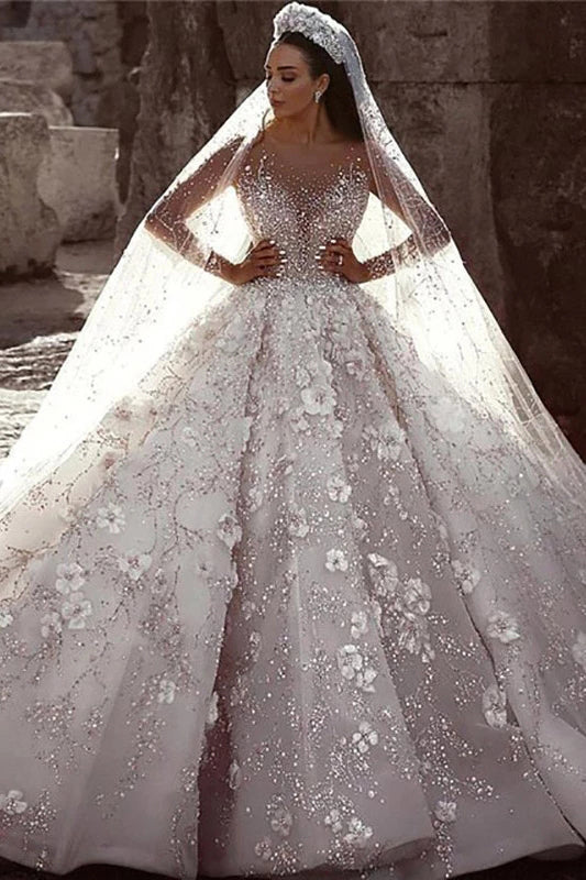 Stunning Long Sleeve Ball Gown 3D Flowers Wedding Dresses Wedding Gown ...