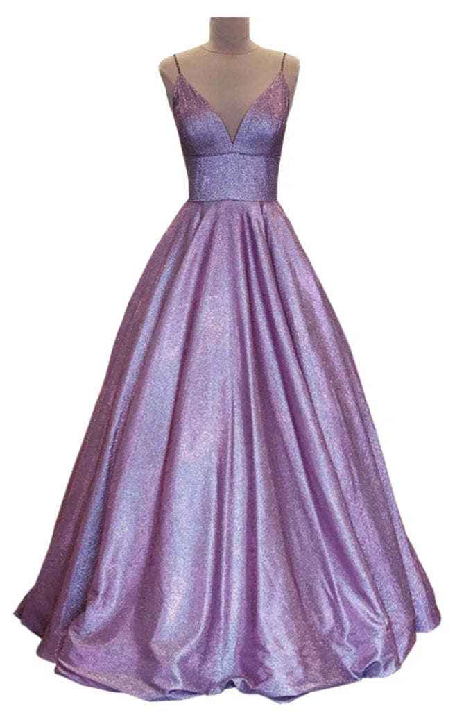 A Line Spaghetti Straps Glitter Lilac V Neck Prom Dress with Pockets ...