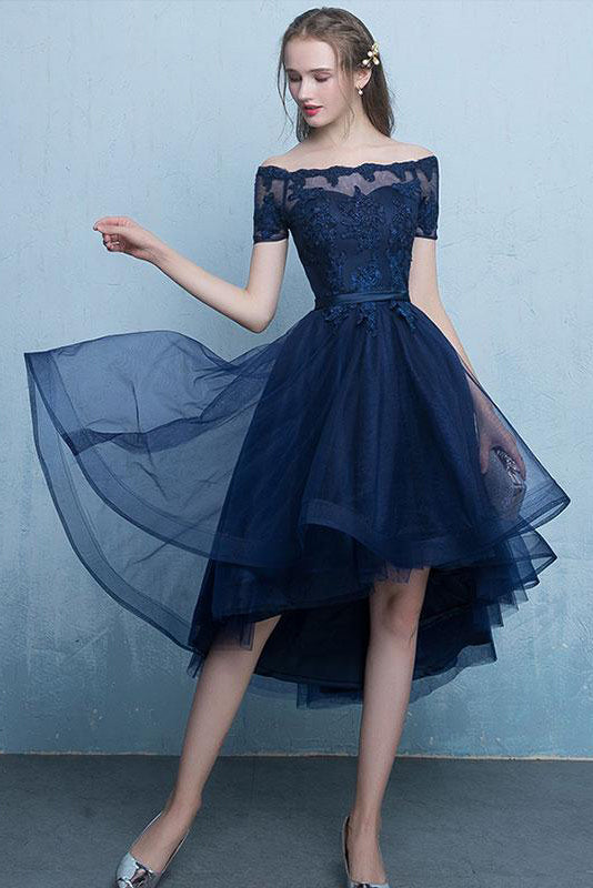 Short Prom Dresses uk,Dark Blue Lace Tulle High Low Round Neck A-Line ...