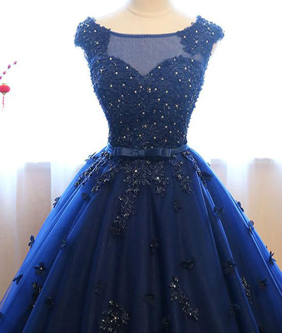 Dark Blue Tulle Lace Beads Ball Gown Open Back Sweet 16 Dress ...