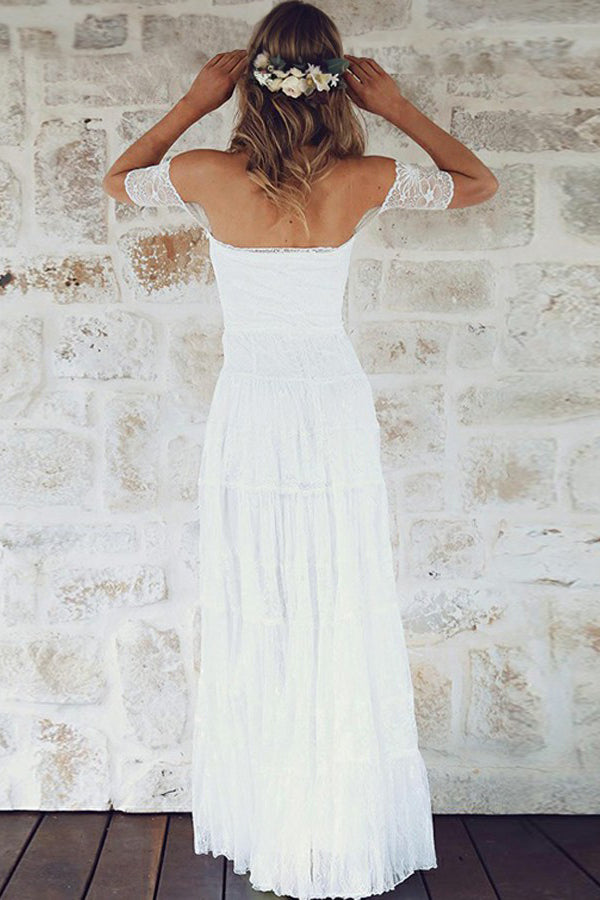  Wedding  Dresses  UK  A Line Off shoulder Short  Sleeves White 