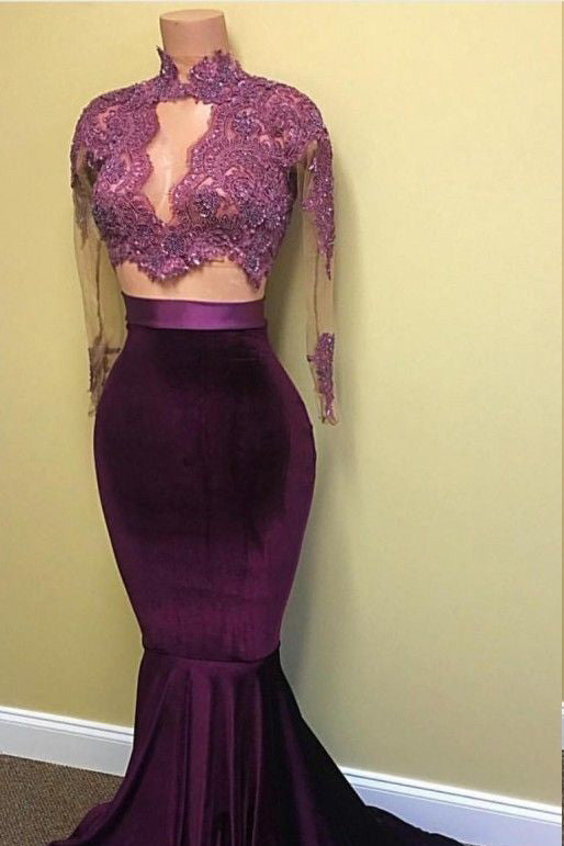 Elegant Two Piece Mermaid Long Sleeves High Neck Floor Length Prom Dre Promdressmeuk 9924