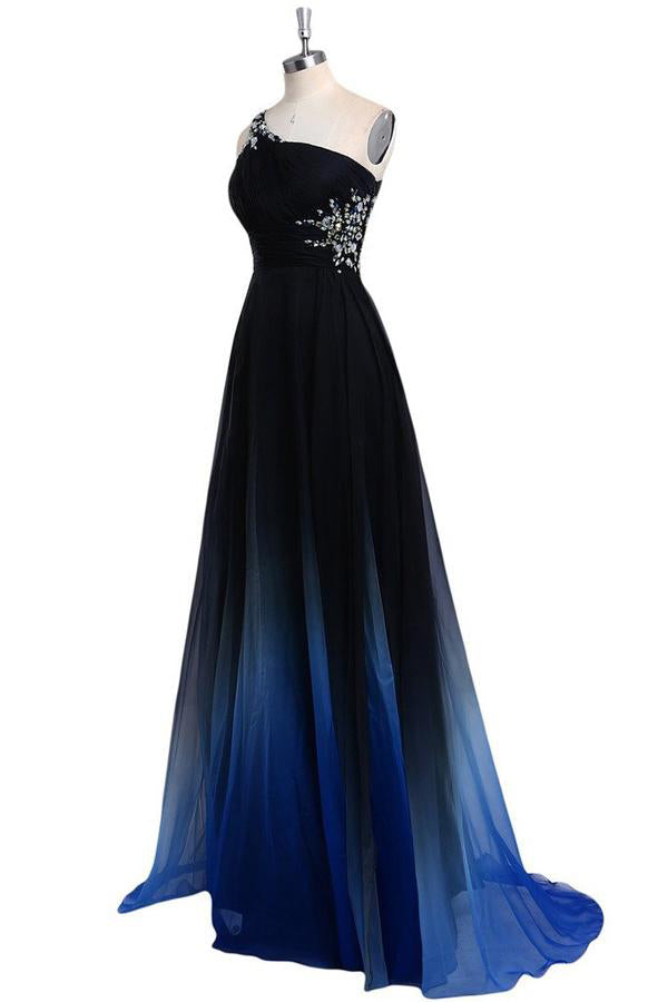Prom Dress,One Shoulder Blue and Black Chiffon A-Line Ombre Open Back ...