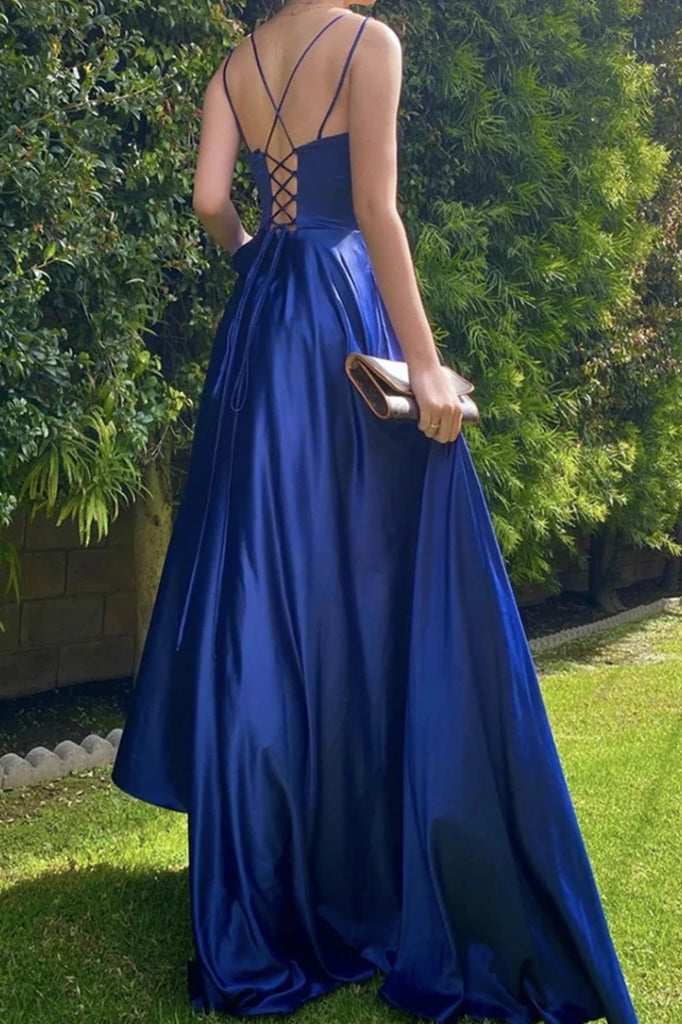 Royal Blue V neck Satin Long Prom Dress, A Line Lace up Evening Dress ...