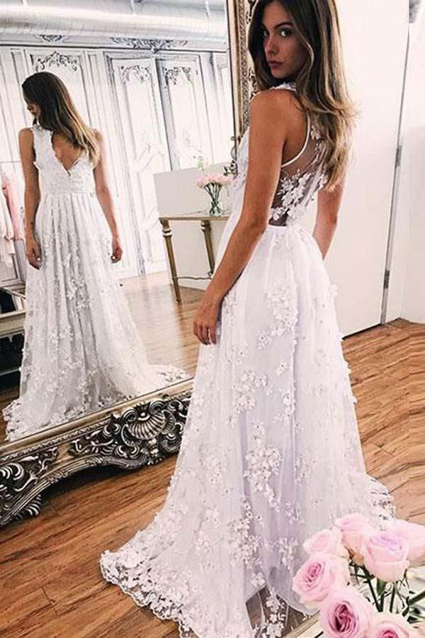 Sweep train A line White  V neck Appliques Sleeveless Prom  