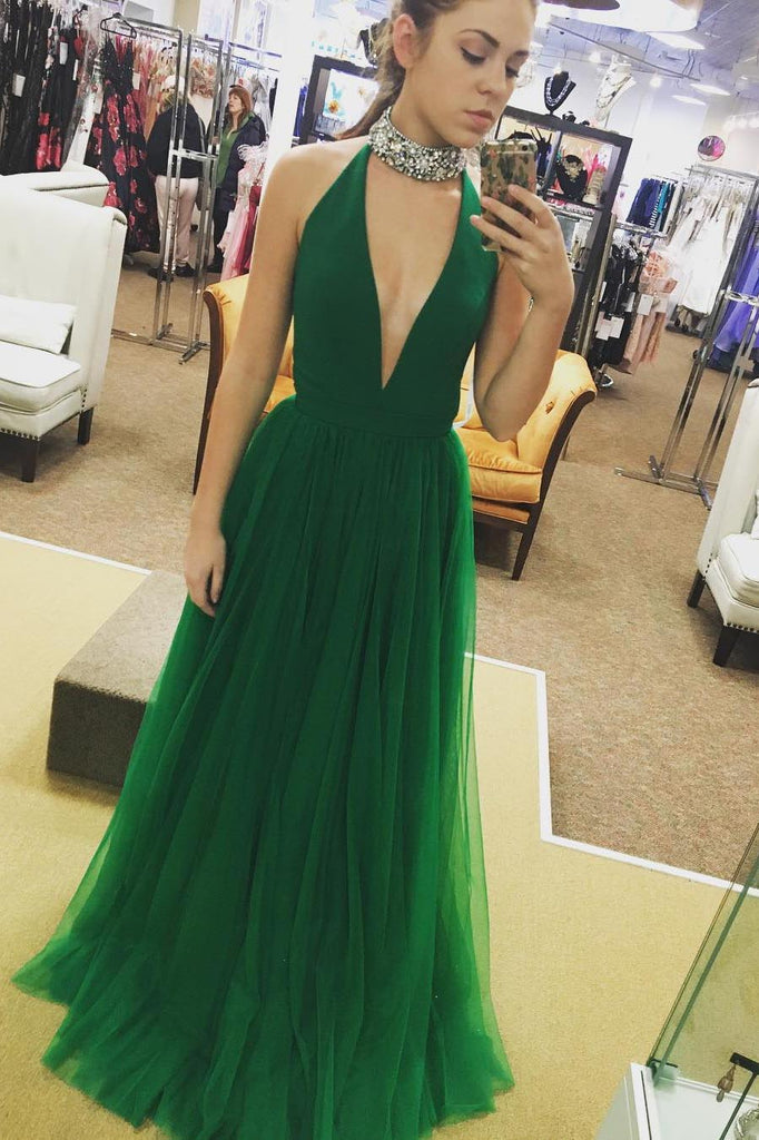 Sexy Sleeveless A Line Deep V Neck Green Tulle Long Prom Dresses Uk Promdressmeuk 2627