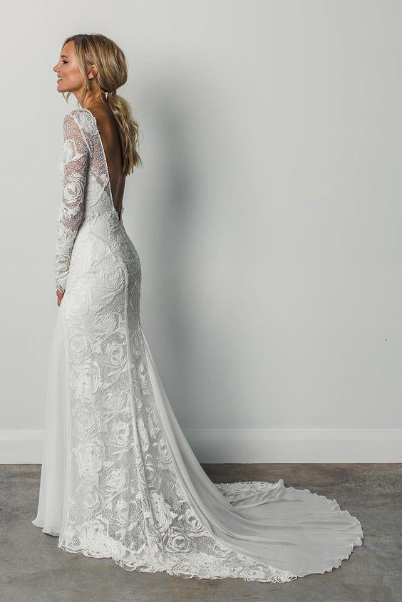 Sheath A Line Long Sleeves Ivory Rustic Lace Backless Scoop Beach Wedding Dresses In Uk 7845