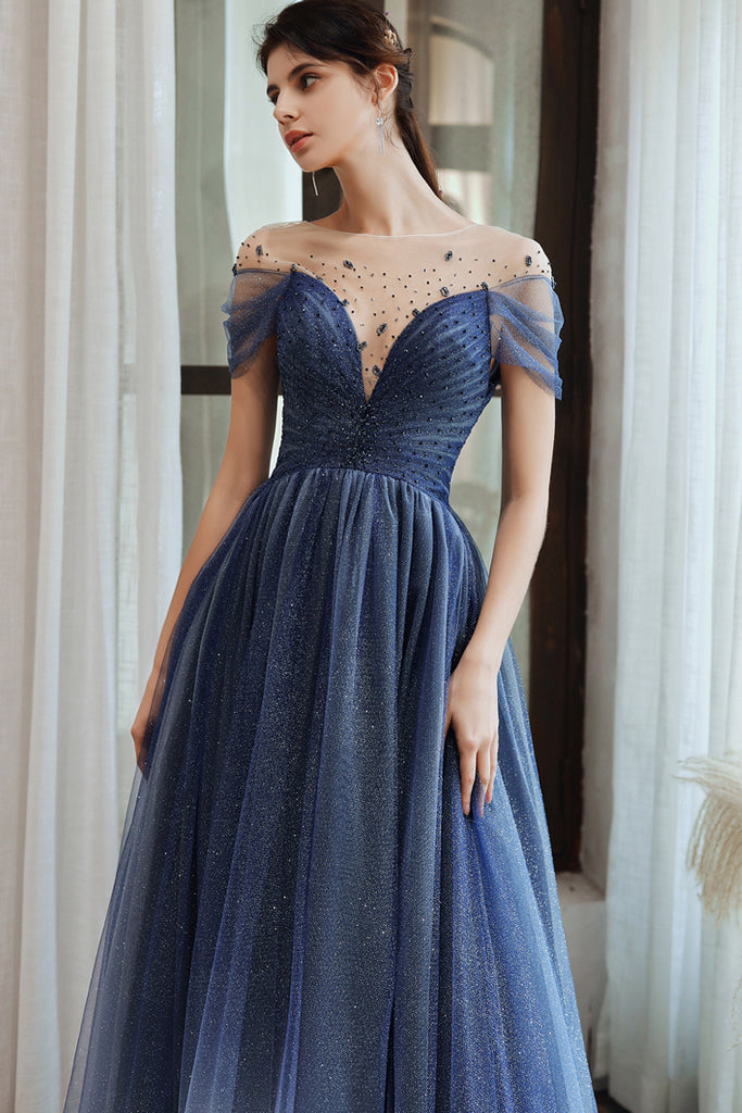 Charming A Line Blue Ombre Tulle Prom Dresses with Open Back ...