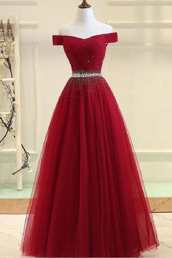 A Line Long Red Tulle Off The Shoulder Lace Up Bowknot Floor Length Prom Dresses Uk Pw140 On 