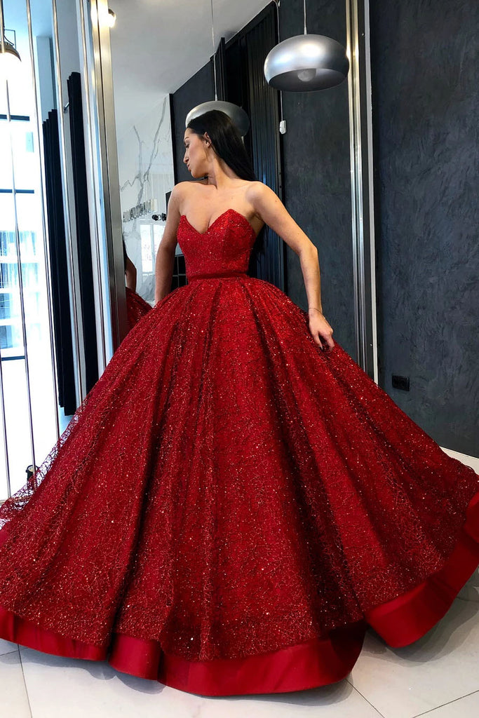 Sparkly Ball Gown Burgundy Strapless Sweetheart Prom Quinceanera Dress ...